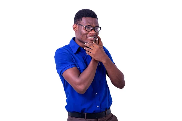 Young Serious Businessman Wearing Optical Glasses Talking Mobile Phone While — Stock Photo, Image