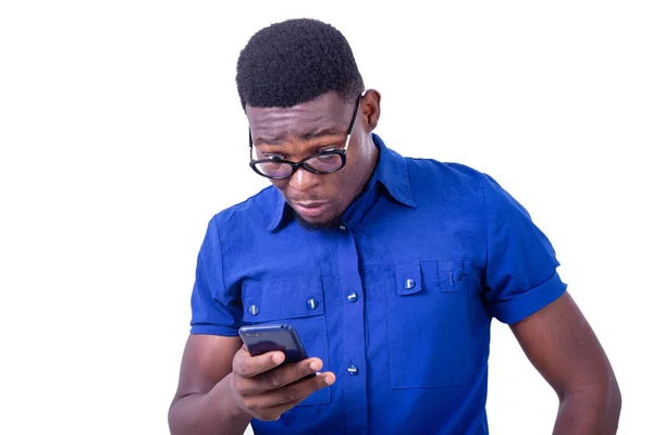 Young Surprised Businessman Reading Message His Mobile Phone — Stock Photo, Image