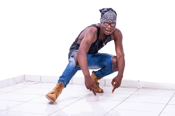 Relaxed Young Man Standing White Background Wearing Crouching Bandanna Looks — Stock Photo, Image