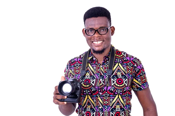 Portrait Handsome Young Man Photographer Holding Camera While Smiling Camera — Stock Photo, Image