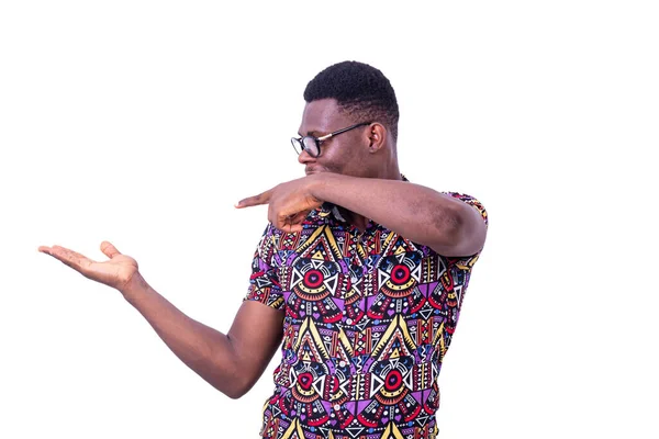 Young Man Glasses Standing White Background Presenting Hand Gesture — 스톡 사진