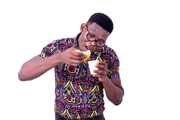 Handsome Young Businessman Glasses Standing White Background Eating Croissant Accompanied — 스톡 사진