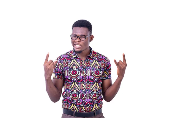 Young Man Glasses Standing White Background Showing Victory Gesture While — Stock Photo, Image