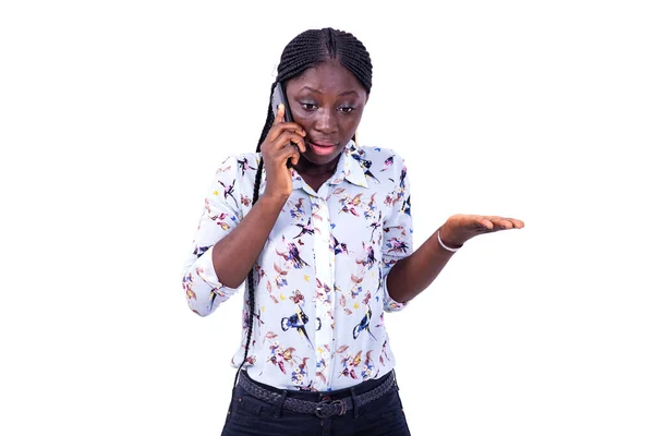 Portrait Beautiful Young Serious Woman Talking Mobile Phone While Gesturing — Stock Photo, Image