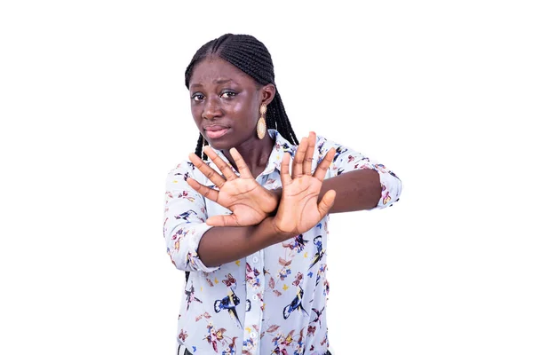 Portrait Beautiful Beautiful Young Woman Anger Crossed Hands Making Stop — Stock Photo, Image