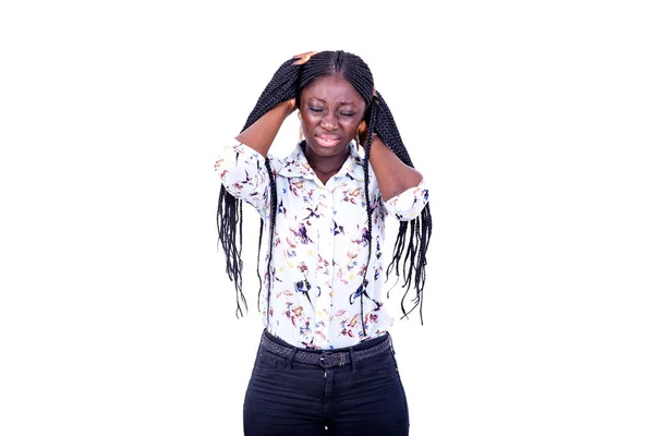 Young Woman Shirt Standing White Background Braids Feeling Pain Head — Stock Photo, Image