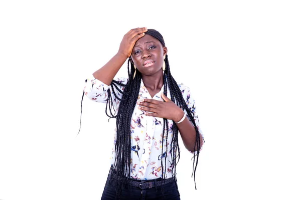 Young Woman Braids Standing White Background Hand Forehead Feeling Headache — Stock Photo, Image