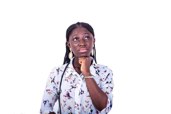 Young Woman Braids Standing White Background Fist Chin While Thinking — Stock Photo, Image