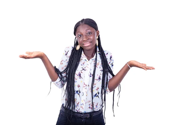 Young Woman Braids Standing White Background Showing Her Palms Looking — Stock Photo, Image