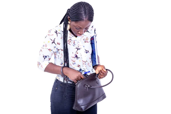 Portrait Beautiful Young Student Woman Looking Something Her Purse — Stock Photo, Image