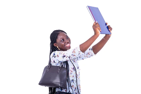 Portrait Beautiful Young Happy Student Woman While Lifting Notebook — Stock Photo, Image