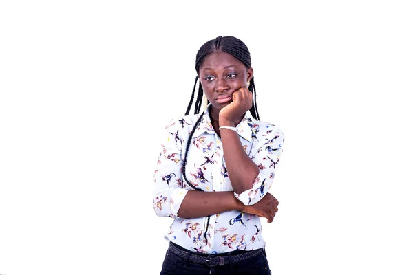 Young Woman Pigtails Standing White Background Looking Away Anxious Air — Stock Photo, Image