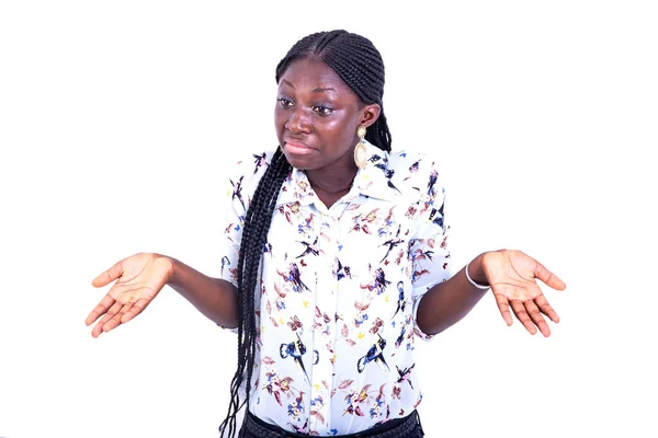 Portrait Beautiful Young Woman Confused Arms Hands Raised While Shrugging — Stock Photo, Image