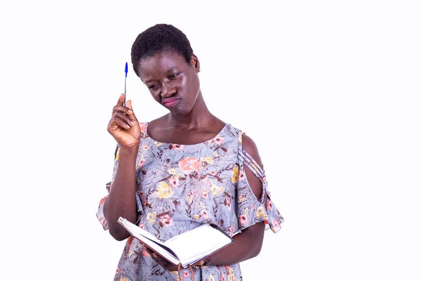 Portrait Beautiful Young Student Woman Pen Hand Thinking What Write — Stock Photo, Image