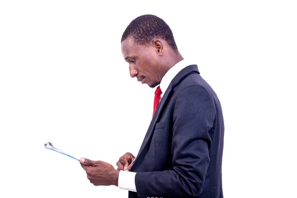 Businessman Jacket Standing White Background Checking Document — Stock Photo, Image