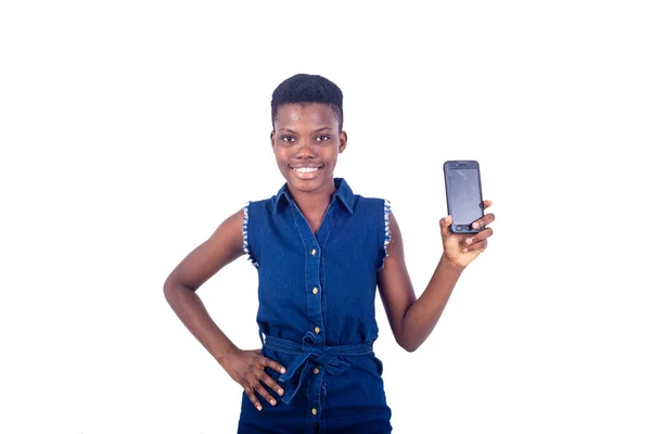 Portrait Beautiful Young Woman Holding Mobile Phone While Smiling Camera — Stock Photo, Image