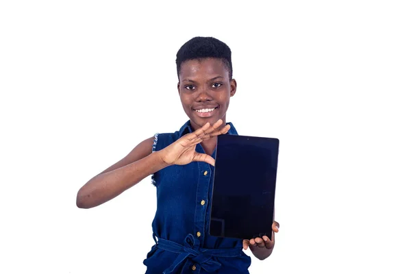 Portrait Beautiful Young Woman Showing Digital Tablet While Smiling Camera — Stock Photo, Image