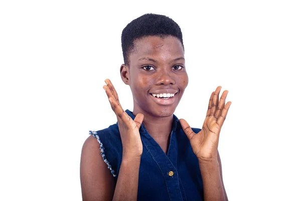 Girl Jeans Dress Standing White Background Gesture Victory Laughing — Stock Photo, Image