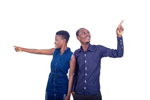 Portrait Beautiful Young Couple Love Pointing Fingers Aside Each Smiling — Stock Photo, Image