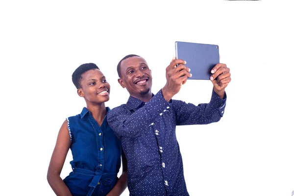 Portrait Handsome Young Man Woman Taking Photos Together Using Digital — Stock Photo, Image