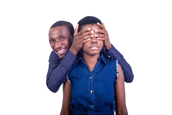 Beautiful Young Couple Love Man Covering His Wife Eyes His — Stock Photo, Image