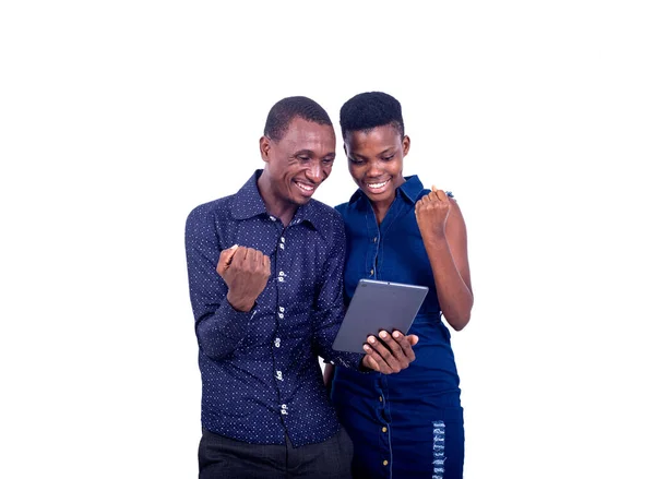 Portrait Handsome Young Man Woman Making Winning Gesture Together While — Stock Photo, Image