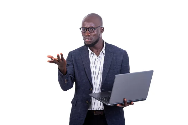 Young Businessman Jacket Standing White Background Holding Laptop Making Hand — Φωτογραφία Αρχείου