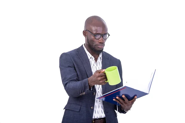 Portrait Serious Adult Businessman Holding Cup Coffee Reading Document — Stockfoto