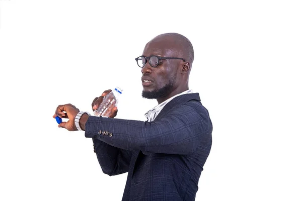 Portrait Adult Businessman Drinking Water Bottle Checking Time His Wrist — Zdjęcie stockowe