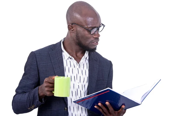 Portrait Serious Adult Businessman Holding Cup Coffee Reading Document —  Fotos de Stock