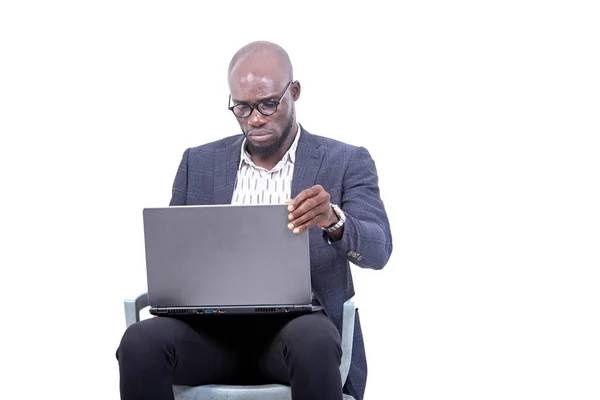 Portrait Serious Adult Businessman Sitting Chair Working Laptop — Φωτογραφία Αρχείου