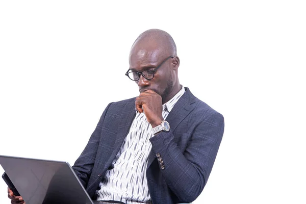 Portrait Serious Adult Businessman Sitting Chair Working Laptop — Stock fotografie