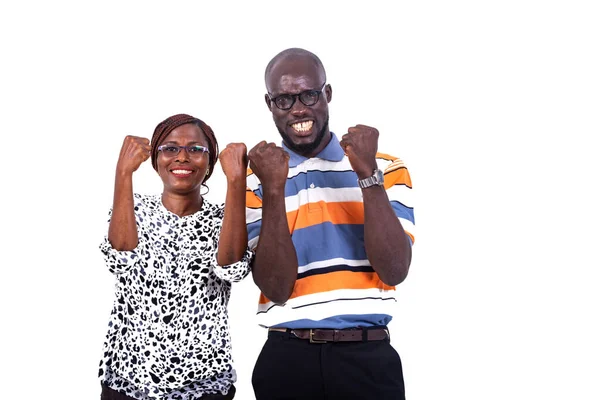 Couple Glasses Standing White Background Showing Victory Gesture Looking Camera — 스톡 사진