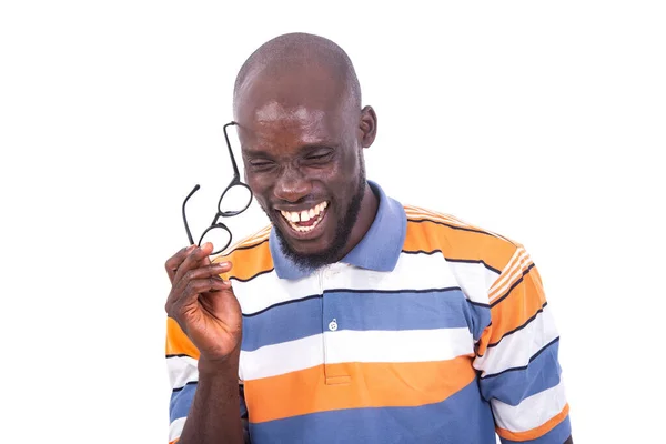 Portrait Handsome Happy Adult Man Holding His Optical Glasses While — Stok fotoğraf