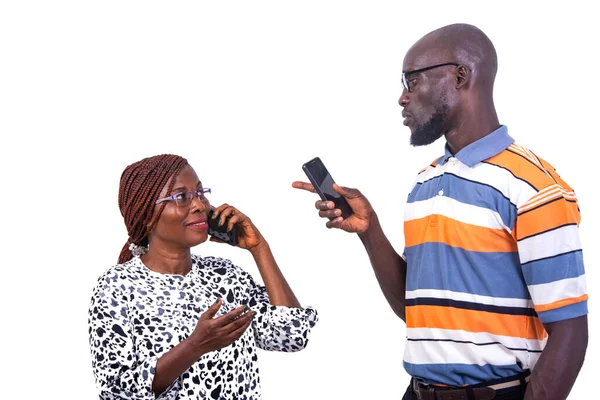 Portrait Man Phone Pointing Finger His Wife Talking Phone — Stock Photo, Image