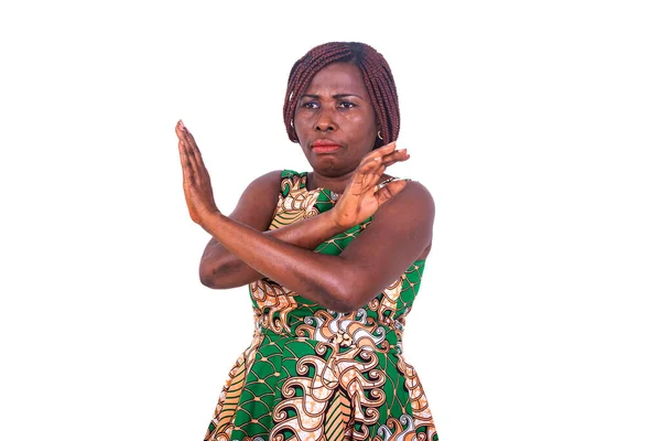 Portrait Disgruntled Beautiful Adult Woman Showing Stop Gesture Crossed Hands — Stock Photo, Image