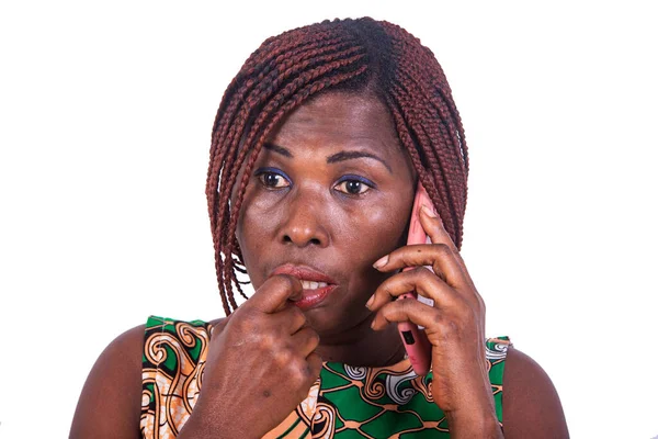 Portrait Surprised Adult Woman Finger Lips Talking Mobile Phone — Stock Photo, Image
