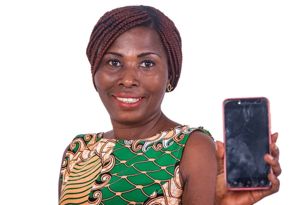 Portrait Beautiful Adult Woman Showing Mobile Phone While Smiling Camera — Stock Photo, Image