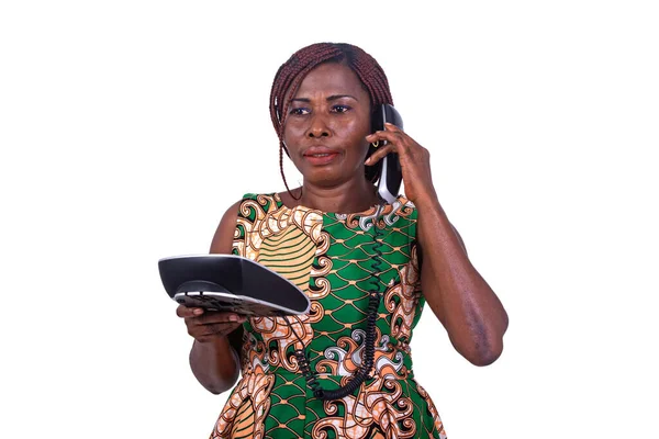 Portrait Beautiful Serious Adult Woman Talking Cellphone — Stock Photo, Image