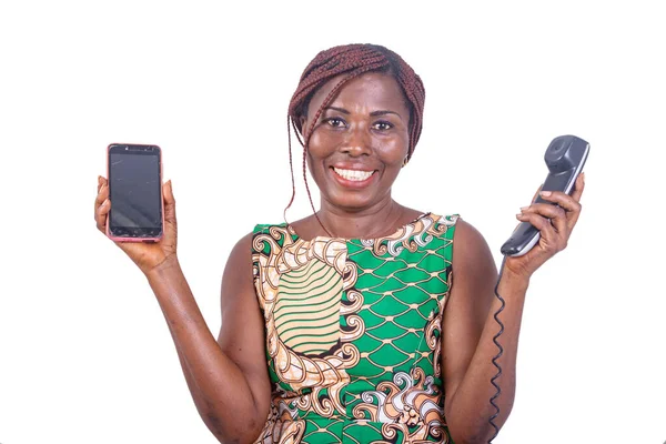 Portrait Beautiful Adult Woman Holding Telephone Handset Smartphone Smiling — Stock Photo, Image
