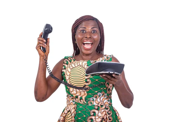 Portrait Beautiful Happy Adult Woman Holding Mobile Phone Shouting Joy — Stock Photo, Image
