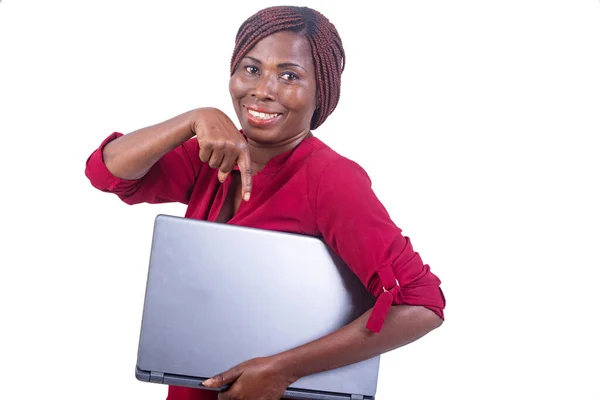 Portrait Adult Female Teacher Pointing Finger Laptop While Smiling — Stock Fotó