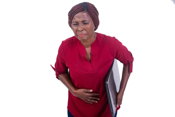 Portrait Beautiful Adult Woman Holding Laptop Suffering Stomach Ache — Stock Photo, Image