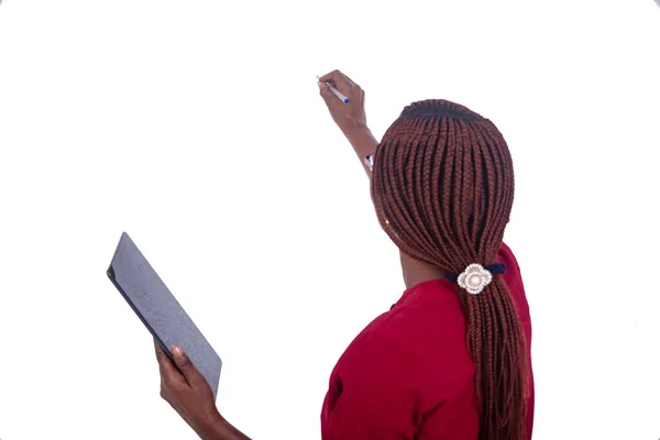 Beautiful Businesswoman Glasses Standing Room Writing Pen Whiteboard While Holding — Fotografia de Stock
