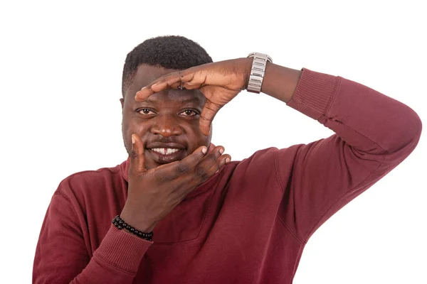 Portrait Handsome Young Man Making Face Hands Face While Smiling — Stockfoto