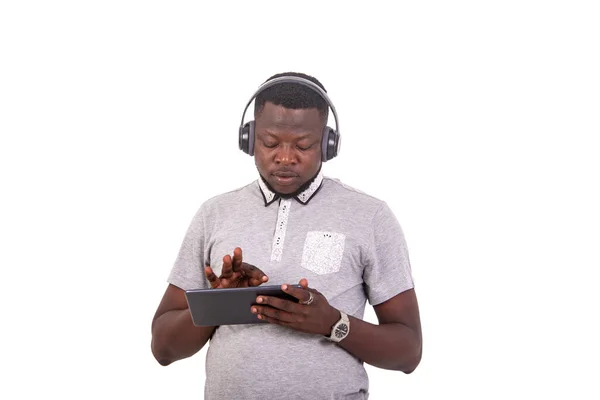 Portrait Handsome Young Man Wearing Headphones Working Digital Tablet — Stock Photo, Image