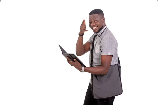 Young Happy Man Receives Good News Digital Tablet Gesturing Fingers — Fotografia de Stock