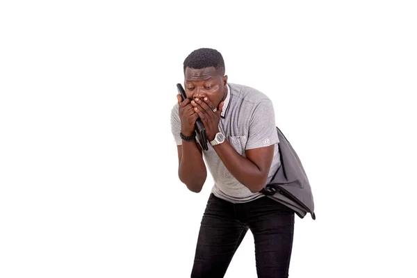 Handsome Tired Young Man Carrying Bag His Shoulder Holding Digital — Stock Photo, Image