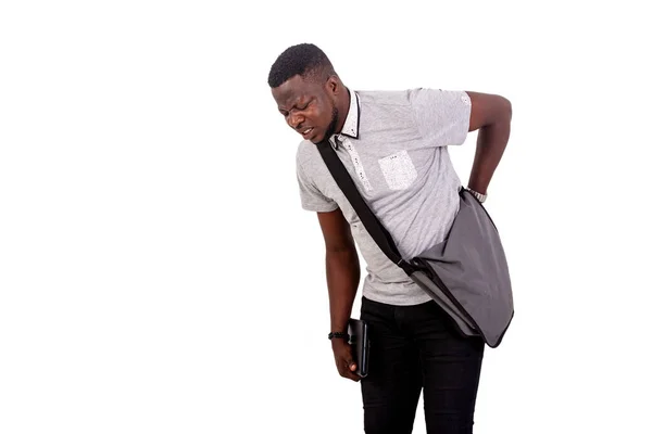 Young Man Student Tired Shoulder Bag Feeling Back Pain — Fotografia de Stock