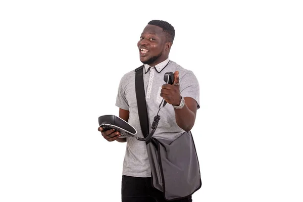 Portrait Handsome Young Man Holding Mobile Phone Pointing Finger Forward — Fotografia de Stock